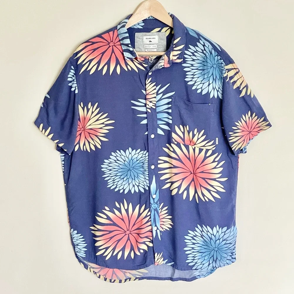 Quiksilver Variable Floral Bijou Blue SS Button Down Shirt Mens Large Modern Fit - Picture 2 of 8